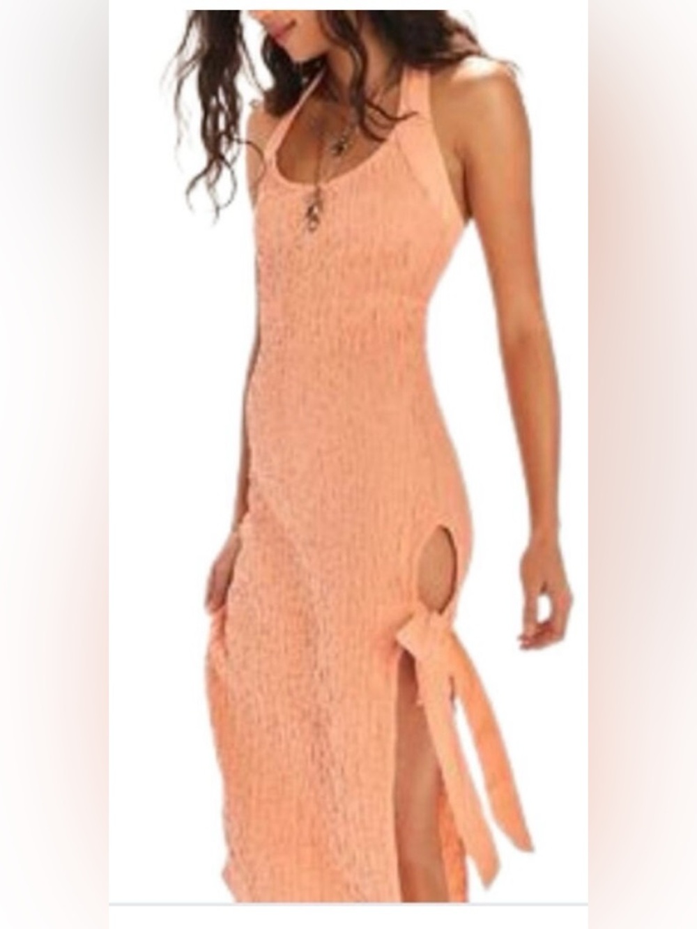 Free People Sea Foam Sleeveless Peach Ribbed Side-Tie Midi Dress